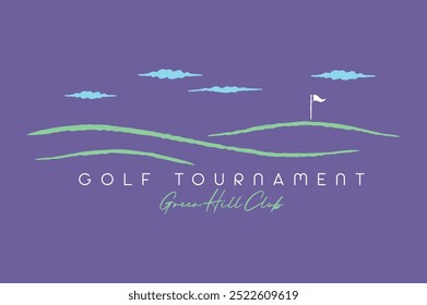 Hand-drawn illustration, with simple and stylized lines, of a golf course.