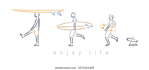 Hand-drawn illustration with simple, stylized lines of a group of friends walking with surfboards and skateboards. Delicate and simple art for prints on t-shirts, posters, etc.