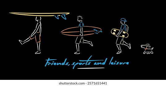 Hand-drawn illustration with simple, stylized lines of a group of friends walking with surfboards and skateboards. Delicate and simple art for prints on t-shirts, posters, etc.