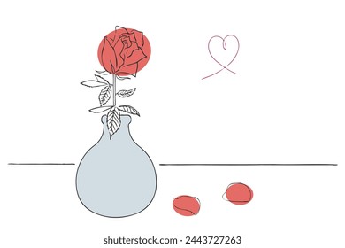 Hand-drawn illustration of a single red rose in a vase.