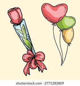 Hand-drawn illustration of a single red rose bouquet and a bunch of colorful heart-shaped balloons, symbolizing love and celebration