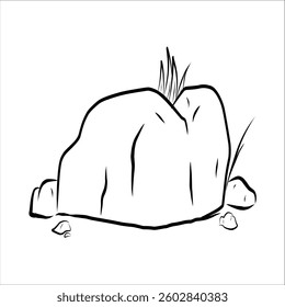 Handdrawn illustration of a single rock with a touch of grass, minimalist and natural.