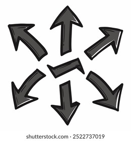 Una ilustración dibujada a mano de seis flechas que apuntan en diferentes direcciones, simbolizando elecciones, movimiento y dirección. Este gráfico versátil es perfecto para proyectos relacionados con la navegación.