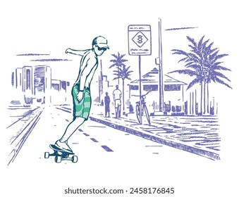 Hand-drawn illustration of a skateboarder on a sidewalk on the edge of the city of Rio de Janeiro, Brazil.