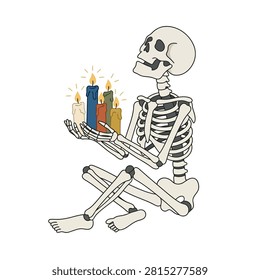 A hand-drawn illustration of a skeleton sitting while holding a group of colorful lit candles.