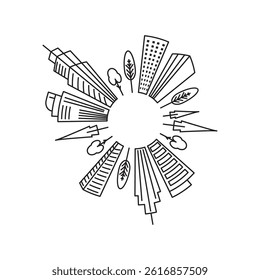 Handdrawn illustration of skyscrapers and trees.