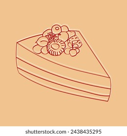 A hand-drawn illustration of a slice of cake with berries adorning the top. The cake is detailed with layers and frosting, while the berries add a touch of elegance to the sweet treat