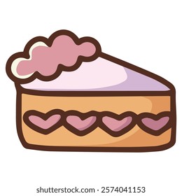 Hand-drawn illustration of a slice of layered cake with cream and cherry topping, perfect for bakery promotions, birthday invitations, and dessert-themed projects