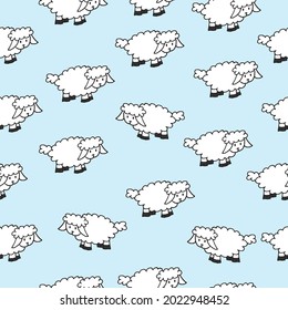 hand-drawn illustration of a small and adorable lamb and sheep on a seamless pattern against a blue background, perfect for designs related to cute animals.