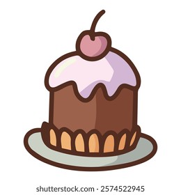 Hand-drawn illustration of a small cake with a cherry on top, ideal for bakery designs, dessert-themed projects, and party decor