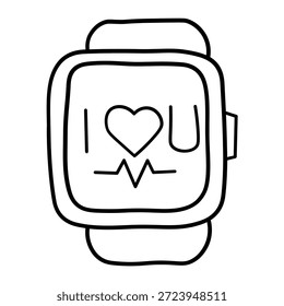 Una ilustración dibujada a mano de un reloj inteligente que muestra el mensaje "Te amo" con un símbolo del corazón y una línea de monitor de frecuencia cardíaca.