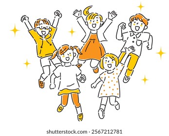 Hand-drawn illustration of smiling children running towards you