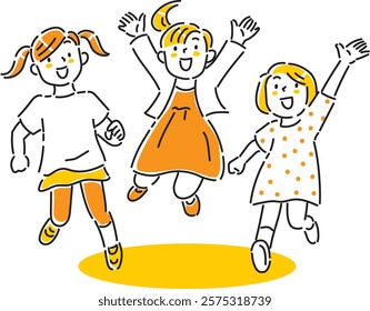 Hand-drawn illustration of smiling children running towards you