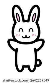 A hand-drawn illustration of a smiling rabbit character with both hands raised.