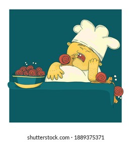 Hand-drawn illustration: snails escaping a sleeping chef, funny kitchen situation