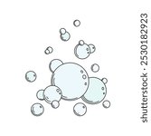 A hand-drawn illustration of soap bubbles, foam with a contour in the style of comics, doodle, vector. Decorative element in pastel shades for design, labels, decoration. Flying light bubbles.