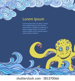 Hand-drawn illustration of soaring above the waves octopus  and clouds decorative. Eps-8.