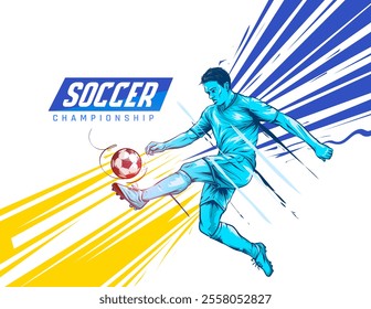 Hand-Drawn Illustration of Soccer Player Kicking Football. Male Football Player Design on White Background for Sports Banner.