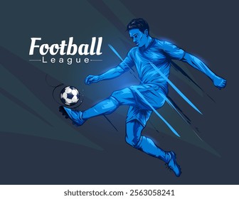 Hand-Drawn Illustration of Soccer Player Kicking Football. Male Football League Banner Design on Dark Background