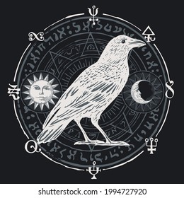 Hand-drawn illustration with a sorcery white Raven on a black background with a ritual circle, magic runes, occult symbols, sun, moon. Vector banner on the witchcraft theme with an unusual white Crow