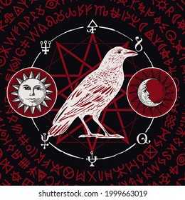 Hand-drawn illustration of a sorcery white Raven on a black background with sun, moon, red magic runes and occult symbols written in a circle. Vector witchcraft banner with an unusual white Crow