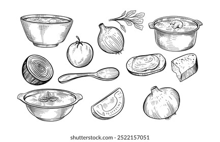 Ilustración dibujada a mano de los ingredientes de la sopa, incluyendo un tazón de sopa, cebollas, tomates, albahaca, pan, una cuchara y una olla.