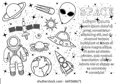 Hand-drawn illustration of space, astronaut, spacecraft and aliens mockup