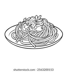 Hand-Drawn Illustration of a Spaghetti Dish with Herbs and Sauce.