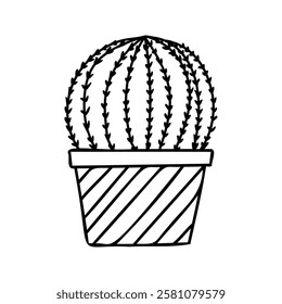 Hand-drawn illustration of a spherical cactus in a striped pot. Simple black and white line art design suitable for various creative projects, invitations, or educational materials