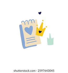 Hand-drawn illustration of a spiral notebook with a heart symbol, a crown, and abstract shapes. Designed in a soft pastel color palette with a playful doodle aesthetic. Perfect for stationery, prints,