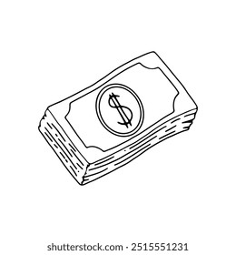 ilustração desenhada à mão de uma pilha de notas de dólar com um sinal de dólar no centro.