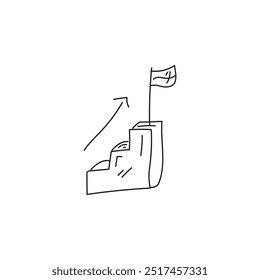 Hand-drawn illustration of stairs leading to a podium with a flag, representing success, ambition, achievement, and growth.