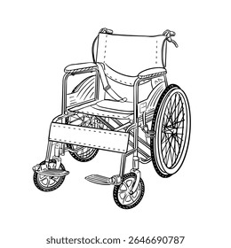 hand-drawn illustration of a standard manual wheelchair. This image is perfect for themes of accessibility, medical care, mobility, and independence, black and white line art style.