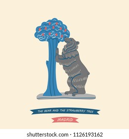 Hand-drawn illustration of The Statue of the Bear and the Strawberry Tree, represents the coat of arms of Madrid city, Spain