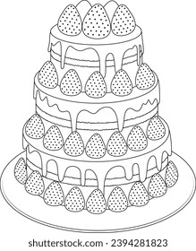 Hand-drawn illustration of strawberries birthday coloring page for kids and adults. Food and drink colouring book	