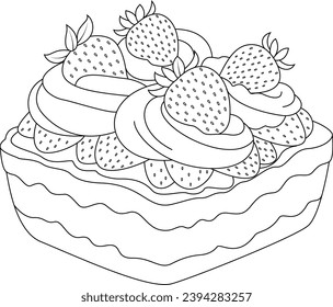 Hand-drawn illustration of strawberry bread coloring page for kids and adults. Food and drink colouring book	