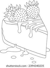 Hand-drawn illustration of strawberry cheesecake coloring page for kids and adults. Food and drink colouring book