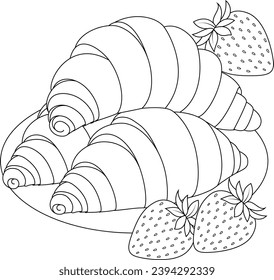 Hand-drawn illustration of strawberry croissants coloring page for kids and adults. Food and drink colouring book	