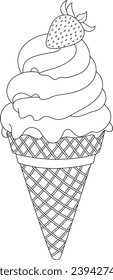 Hand-drawn illustration of strawberry ice cream coloring page for kids and adults. Food and drink colouring book	