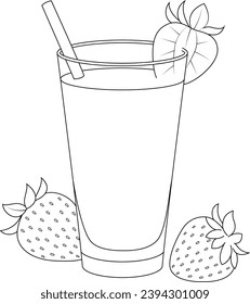 Hand-drawn illustration of strawberry juice coloring page for kids and adults. Food and drink colouring book	