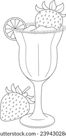 Hand-drawn illustration of strawberry margarita coloring page for kids and adults. Food and drink colouring book