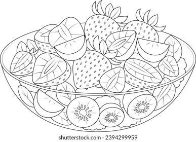 Hand-drawn illustration of strawberry salad coloring page for kids and adults. Food and drink colouring book	