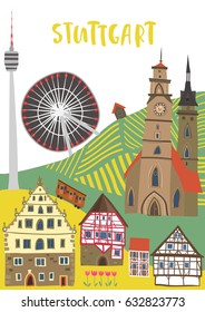 Hand-drawn illustration of Stuttgart landmarks: Monastery church, Schiller square, half-timbered houses, Cannstatt Ferris wheel, TV tower. For souvenirs, postcards, magnets. Baden-Wurttemberg, Germany