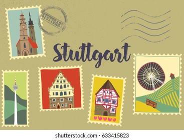 Hand-drawn illustration of Stuttgart landmarks on post marks: Monastery church, half-timbered houses, Cannstatt Ferris wheel, TV tower. For souvenirs, postcards, magnets. Baden-Wurttemberg, Germany