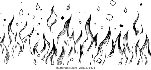 A hand-drawn illustration of stylized flames with swirling shapes and scattered dots, creating a dynamic and artistic representation of fire.