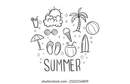 Uma ilustração desenhada à mão de ícones de verão, incluindo um sol, palmeira, coco, óculos de sol e chinelos, com a palavra "Verão" escrita abaixo.