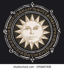 Hand-drawn illustration with the Sun and esoteric symbols on a black background in retro style. Vector banner, mascot or amulet in the form of a circle with magic signs and runes