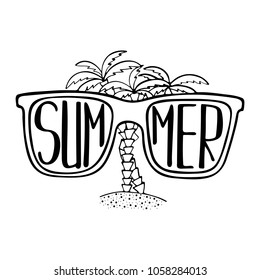 Hand-drawn illustration with sunglasses and palms with unique lettering.