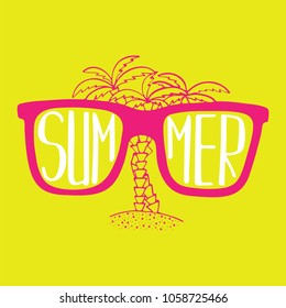 Hand-drawn illustration with sunglasses and palms with unique lettering.