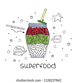 Hand-drawn illustration of superfood of a smoothie with chia seeds, pomegranate and kiwi.
